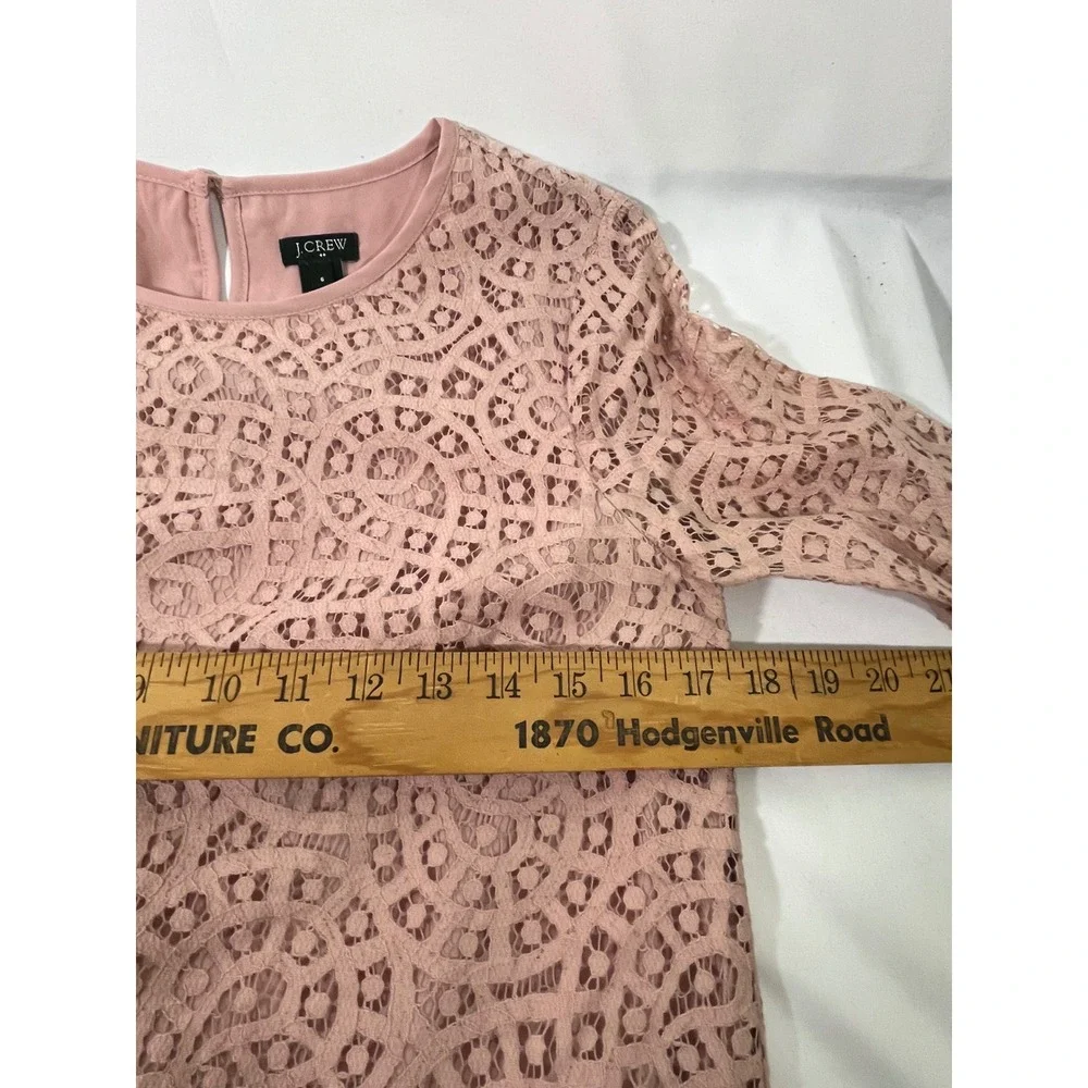 J Crew Women Lace Top 3/4 Sleeve Button Back Sheer Lined Boho Feminine Pink Sz 6